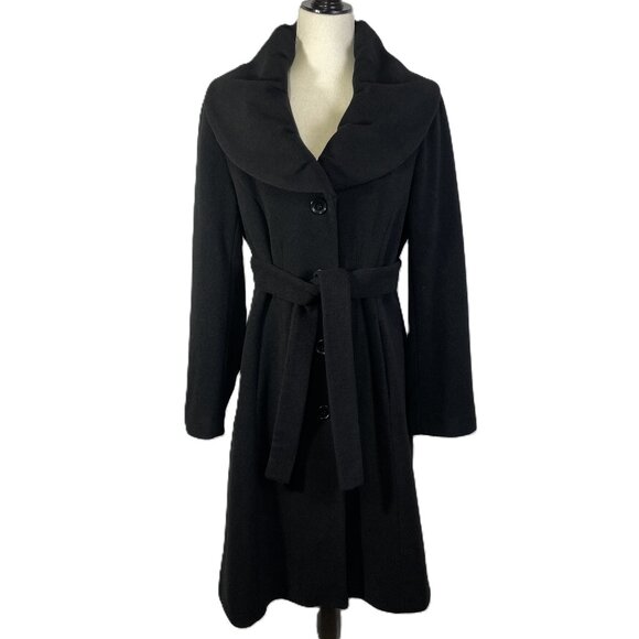 Calvin Klein Wool Blend Belted Tailored Black Coat Collared Knee Length Size 12 - Picture 1 of 16